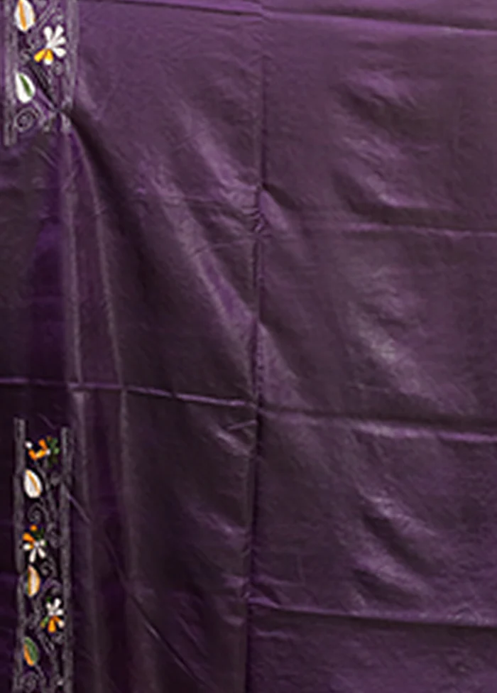 Purple Kantha Stitch Silk Saree With Blouse Piece - Image 5