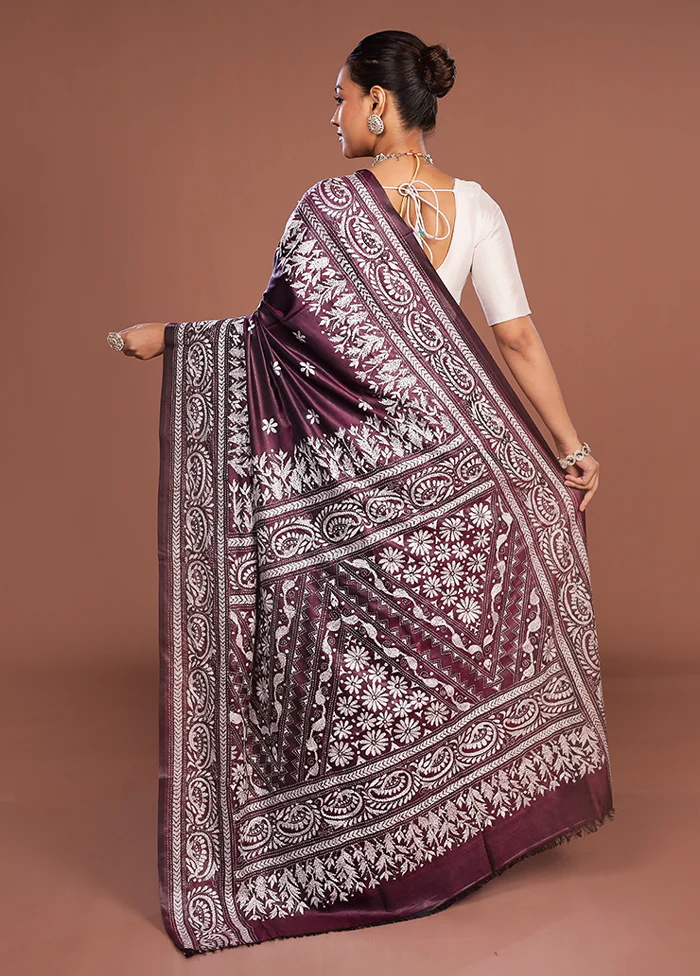 Purple Kantha Stitch Silk Saree With Blouse Piece - Image 3