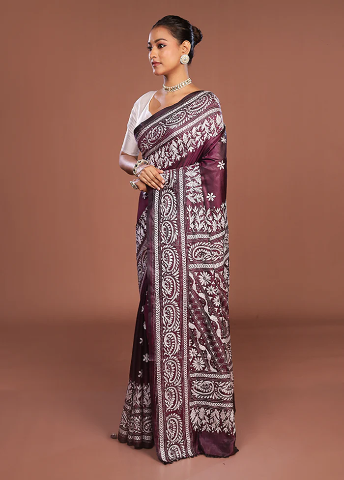 Purple Kantha Stitch Silk Saree With Blouse Piece - Image 4