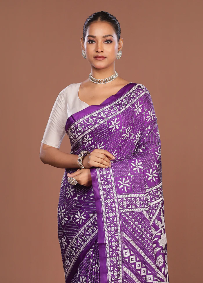 Purple Kantha Stitch Silk Saree With Blouse Piece