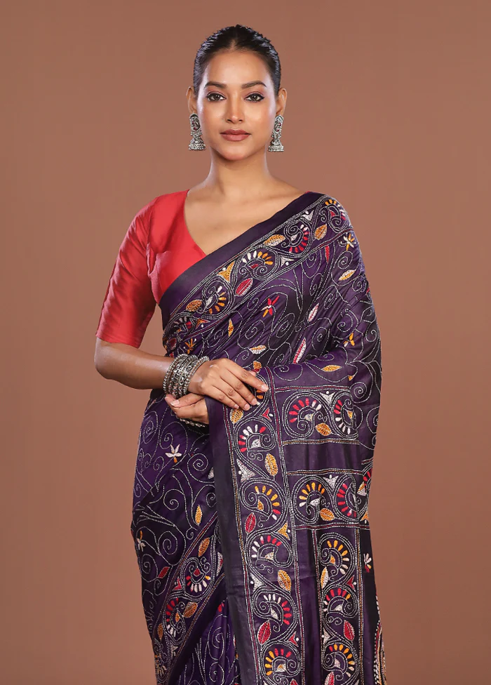 Purple Kantha Stitch Silk Saree With Blouse Piece