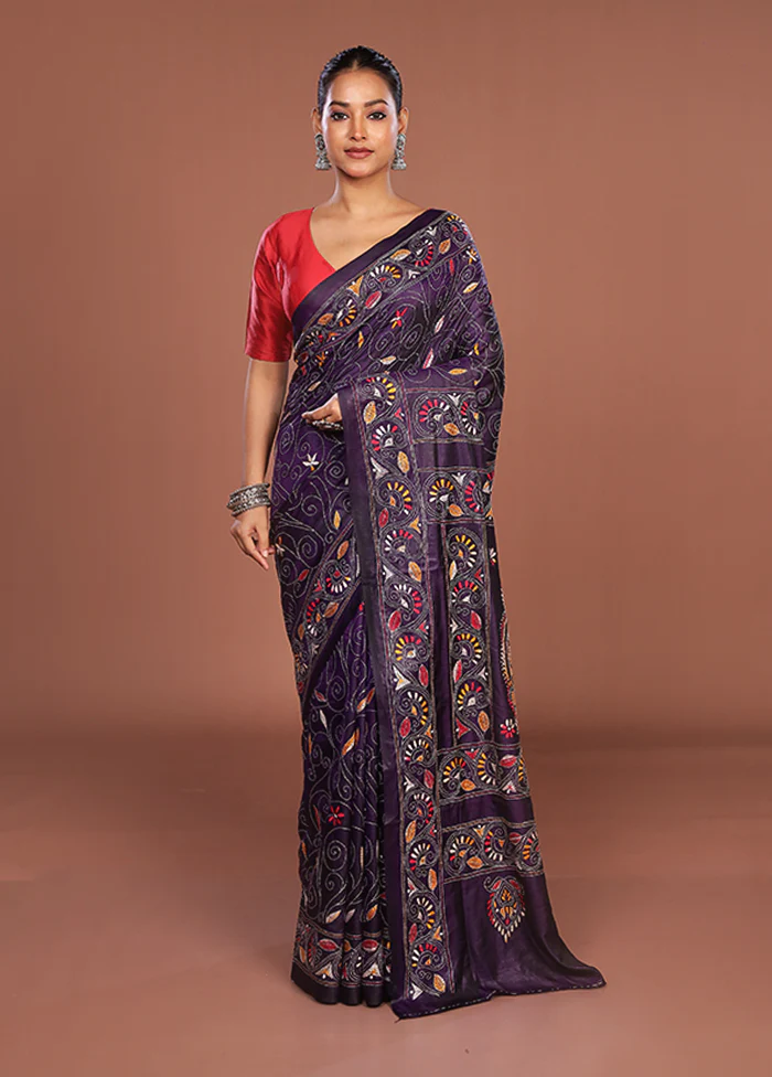 Purple Kantha Stitch Silk Saree With Blouse Piece - Image 2