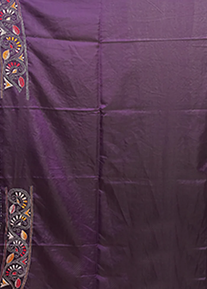 Purple Kantha Stitch Silk Saree With Blouse Piece - Image 5