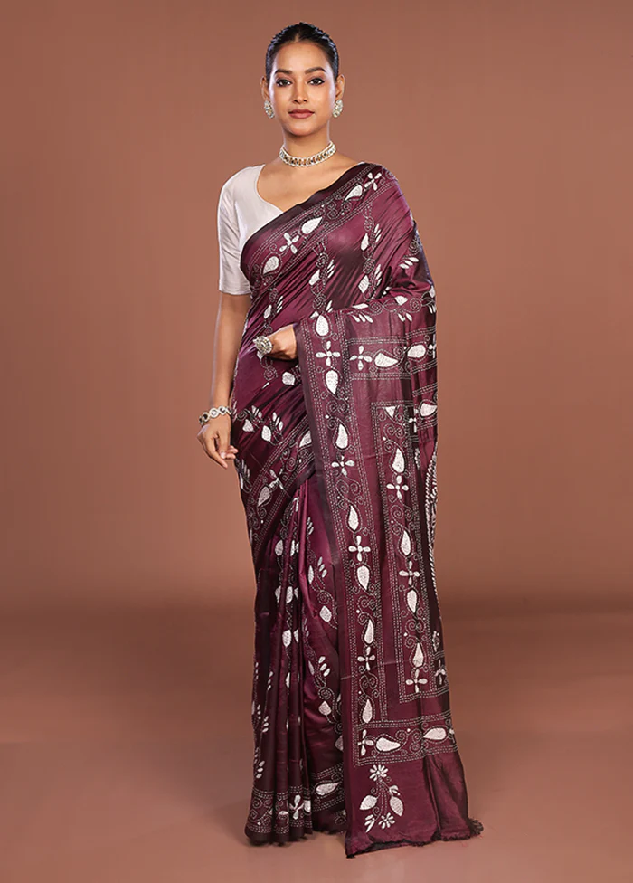 Purple Kantha Stitch Silk Saree With Blouse Piece - Image 2
