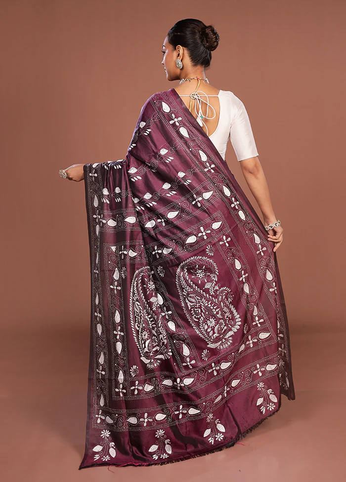 Purple Kantha Stitch Silk Saree With Blouse Piece - Image 3