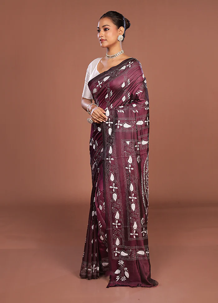 Purple Kantha Stitch Silk Saree With Blouse Piece - Image 4