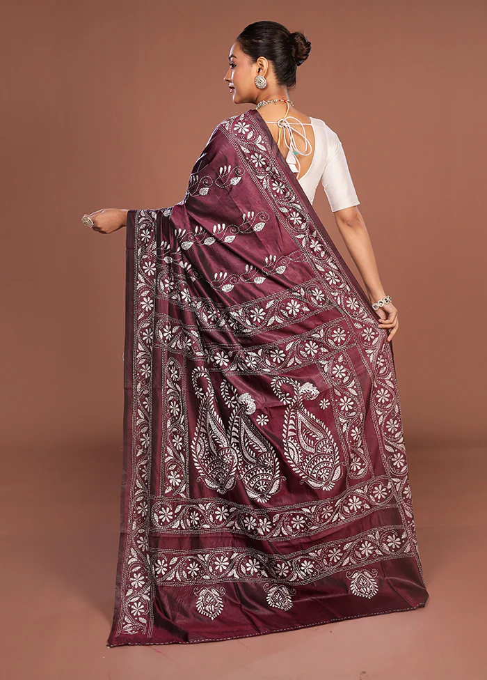 Purple Kantha Stitch Silk Saree With Blouse Piece - Image 3