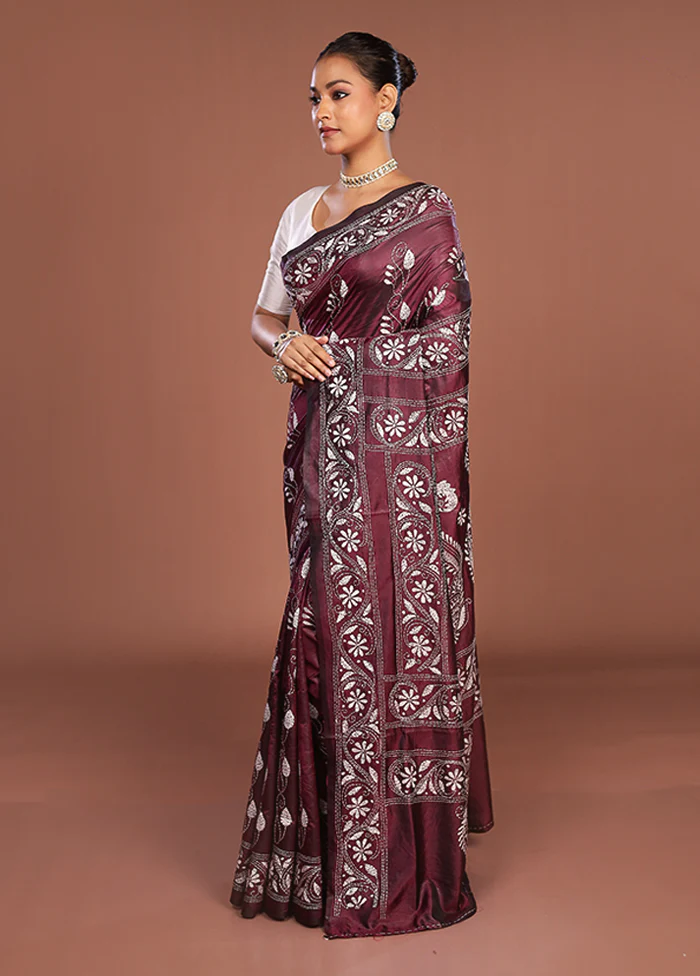Purple Kantha Stitch Silk Saree With Blouse Piece - Image 4