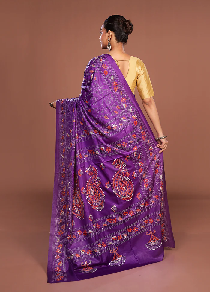 Purple Kantha Stitch Silk Saree With Blouse Piece - Image 3