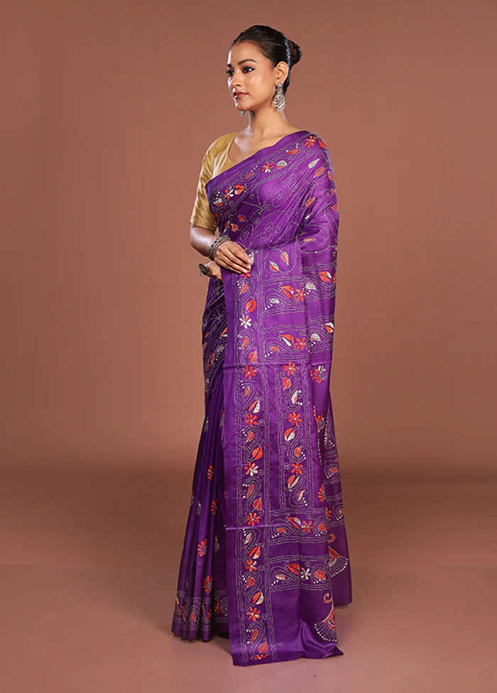Purple Kantha Stitch Silk Saree With Blouse Piece - Image 4