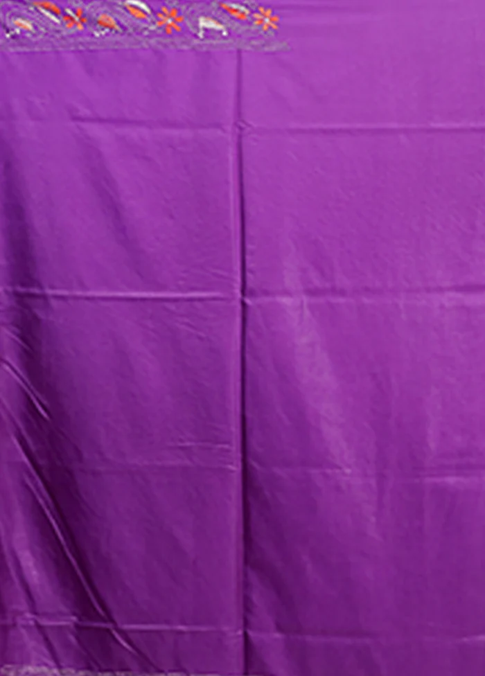 Purple Kantha Stitch Silk Saree With Blouse Piece - Image 5