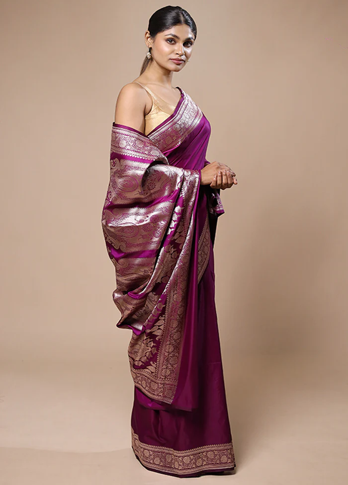 Purple Katan Silk Saree With Blouse Piece - Image 4
