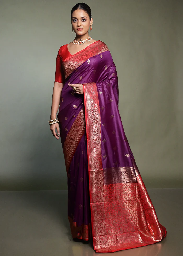 Purple Katan Silk Saree With Blouse Piece - Image 2