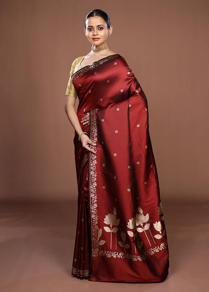 Maroon Katan Silk Saree With Blouse Piece - Image 4