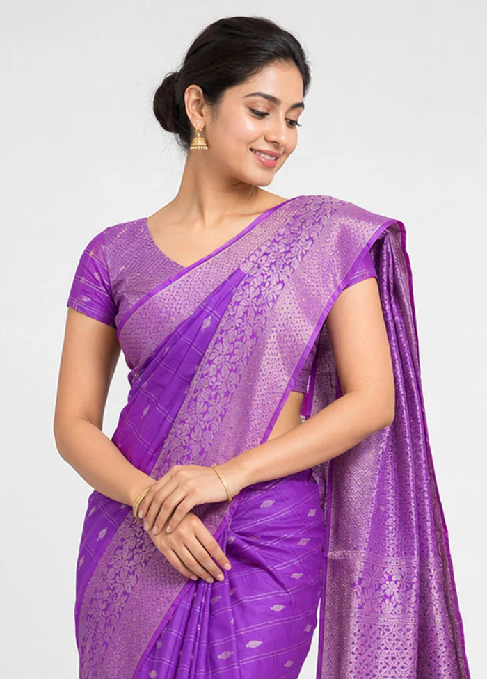 Purple Katan Silk Saree With Blouse Piece - Image 2