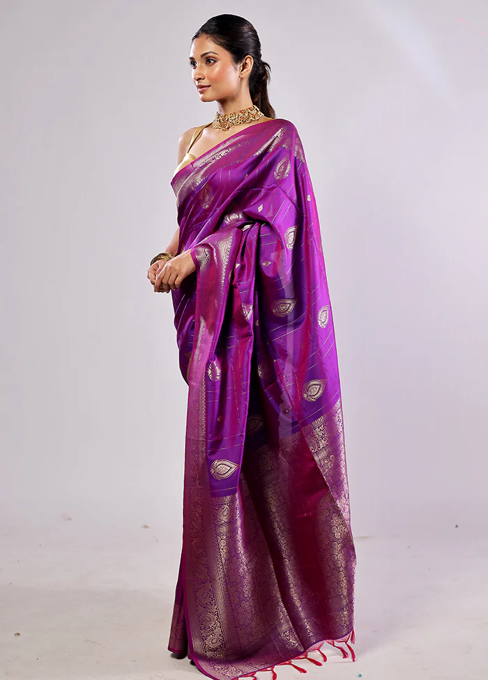 Purple Katan Silk Saree With Blouse Piece - Image 3