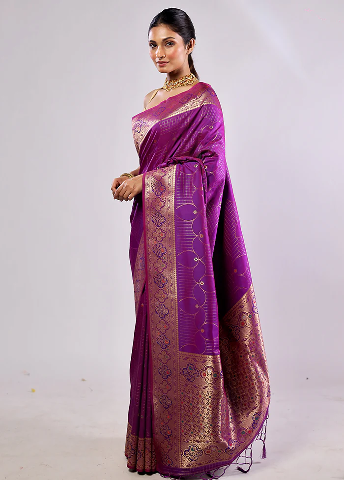Purple Katan Silk Saree With Blouse Piece - Image 3