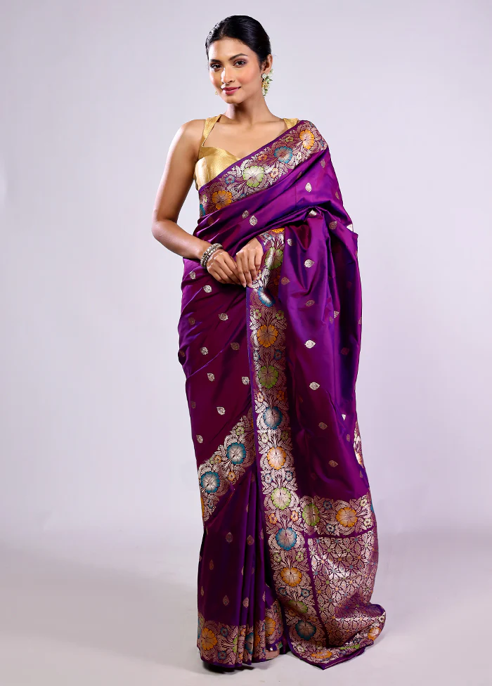 Purple Katan Silk Saree With Blouse Piece - Image 3