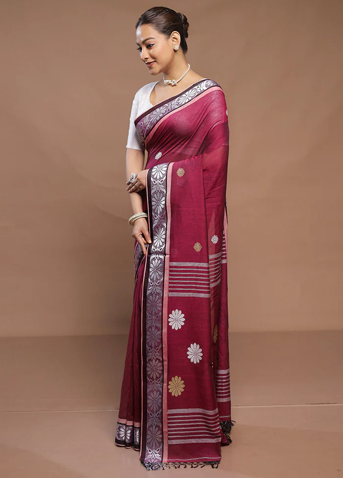 Purple Cotton Saree With Blouse Piece - Image 4