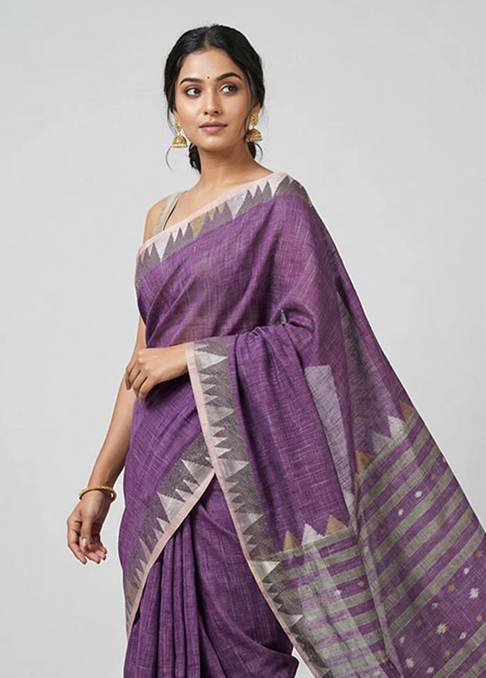 Purple Khadi Cotton Saree With Blouse Piece - Image 2