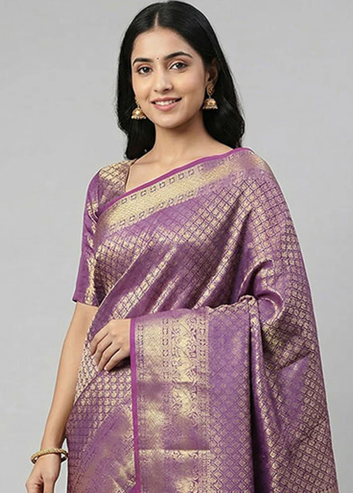 Purple Kora Silk Saree With Blouse Piece - Image 2