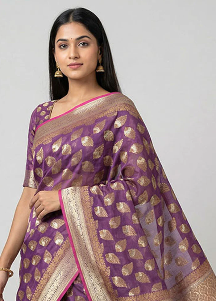 Purple Kora Silk Saree With Blouse Piece - Image 2