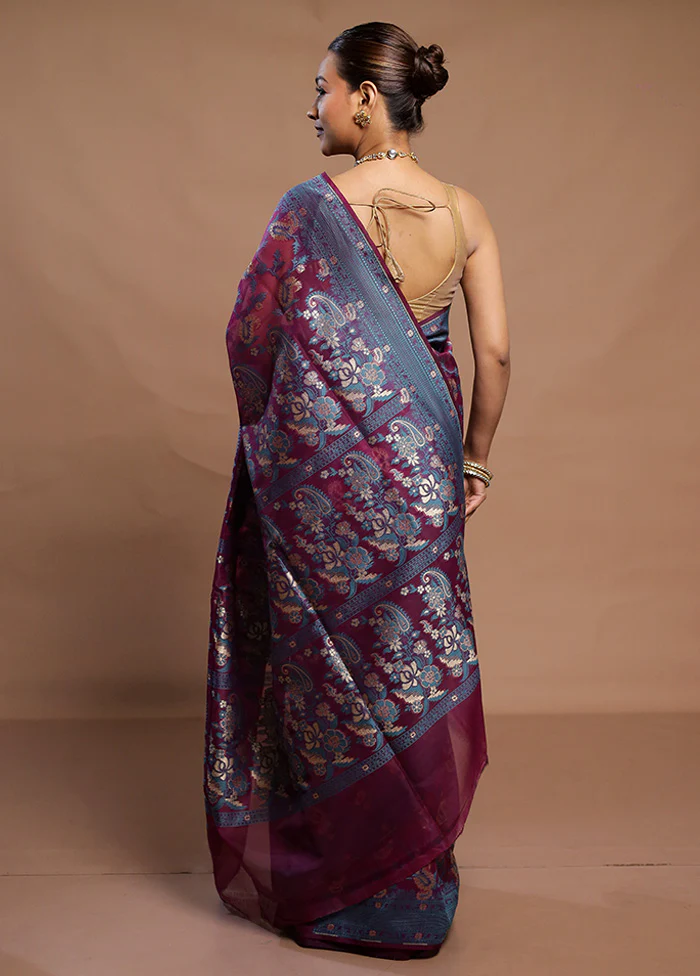 Purple Kora Silk Saree With Blouse Piece - Image 3