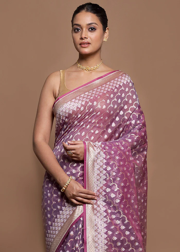 Purple Kora Silk Saree With Blouse Piece - Image 2
