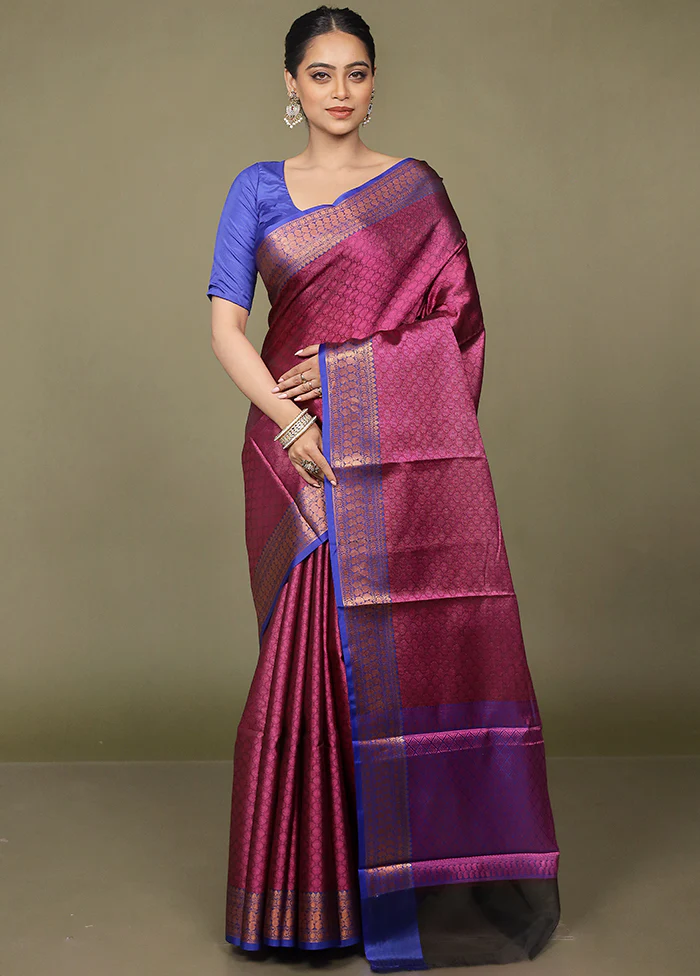 Purple Kora Silk Saree With Blouse Piece - Image 2