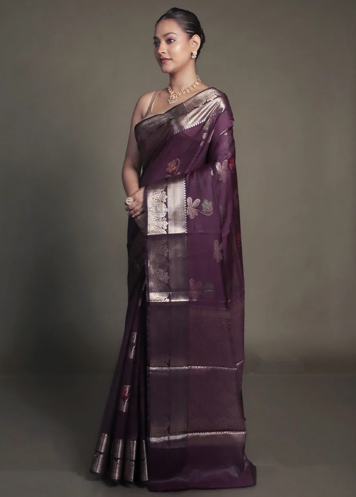 Purple Kora Silk Saree With Blouse Piece - Image 4
