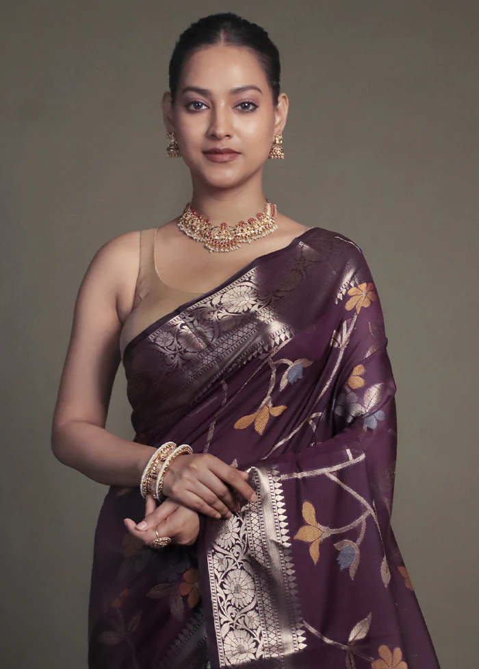 Purple Kora Silk Saree With Blouse Piece - Image 2