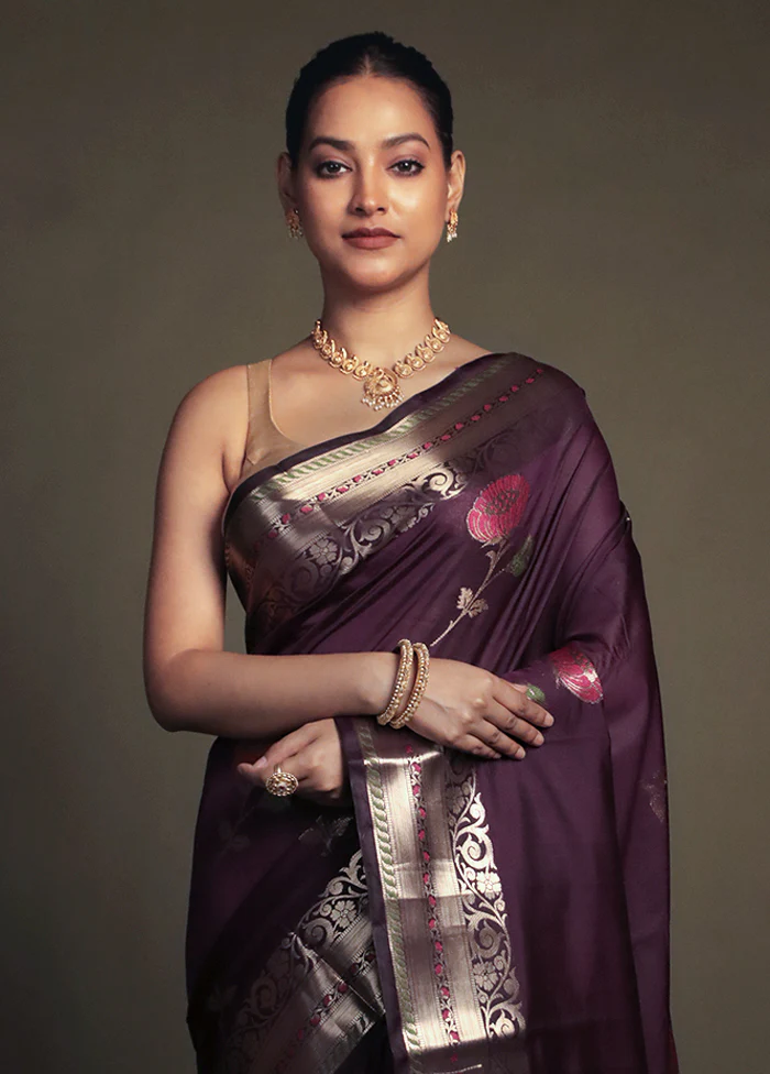 Purple Kora Silk Saree With Blouse Piece - Image 2