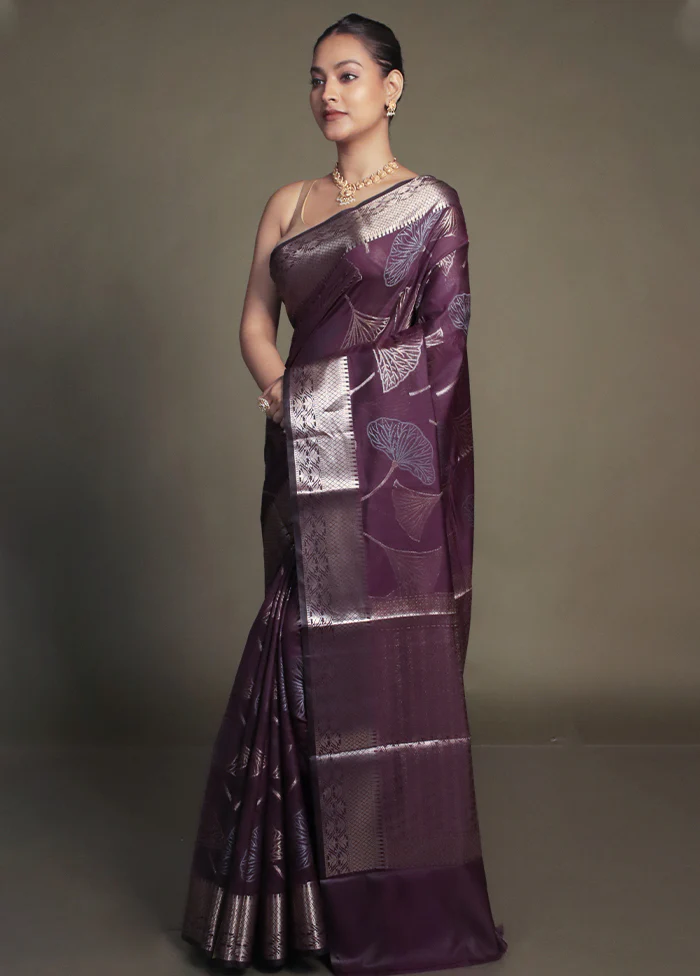 Purple Kora Silk Saree With Blouse Piece - Image 4