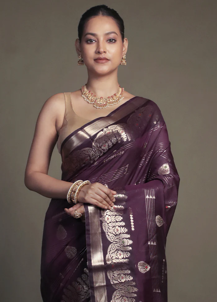 Purple Kora Silk Saree With Blouse Piece - Image 2