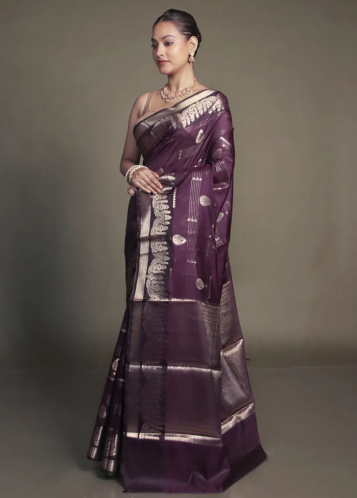 Purple Kora Silk Saree With Blouse Piece - Image 4