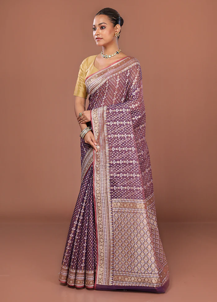 Purple Kora Silk Saree With Blouse Piece - Image 4