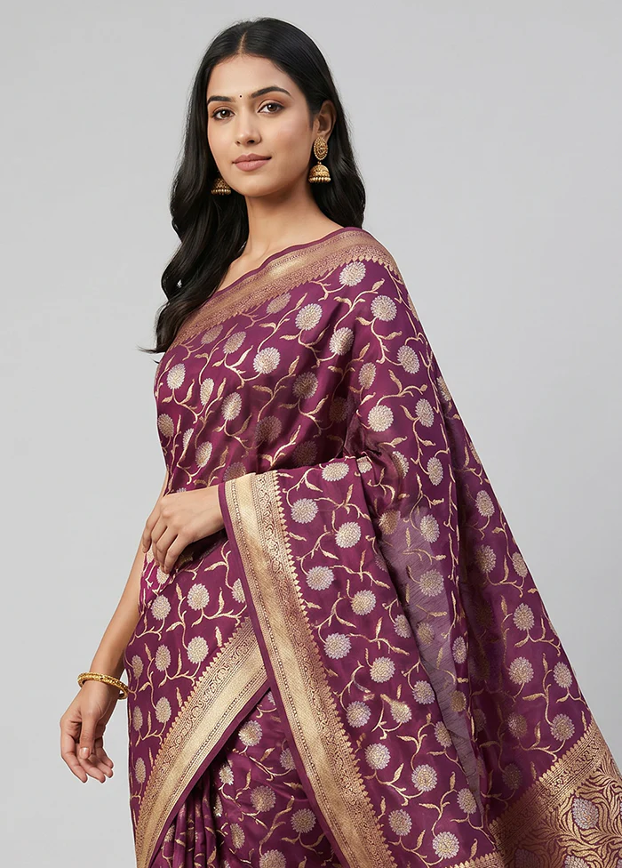 Purple Kora Silk Saree With Blouse Piece - Image 2