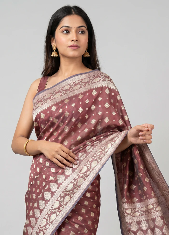 Purple Kora Silk Saree With Blouse Piece - Image 2