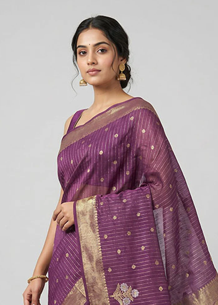 Purple Kora Silk Saree With Blouse Piece - Image 2