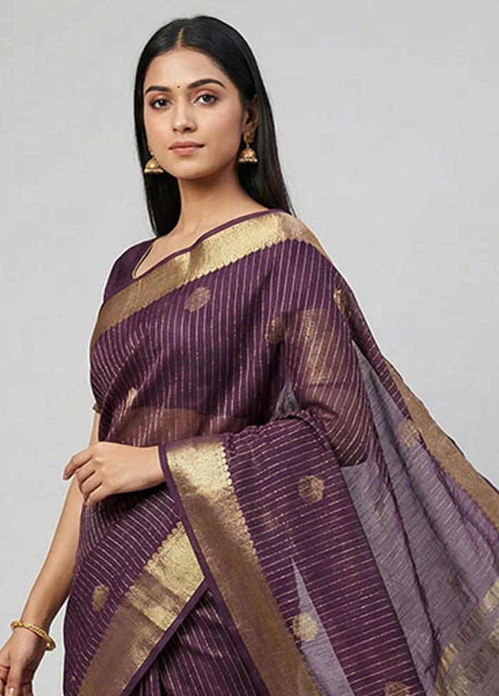 Purple Kora Silk Saree With Blouse Piece - Image 2