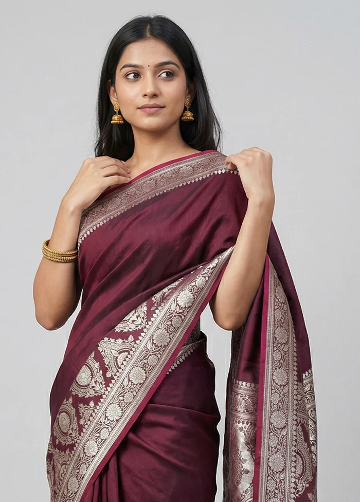 Purple Kora Silk Saree With Blouse Piece - Image 2