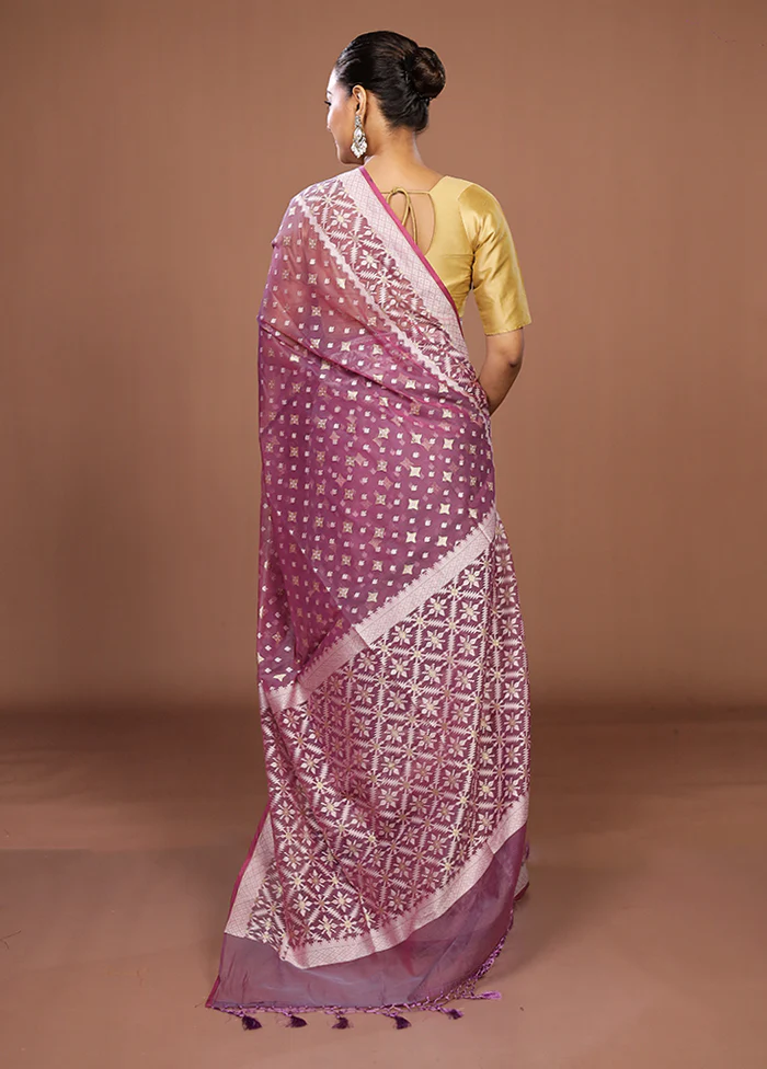 Purple Kora Silk Saree With Blouse Piece - Image 3