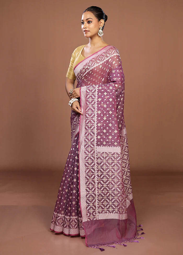 Purple Kora Silk Saree With Blouse Piece - Image 4