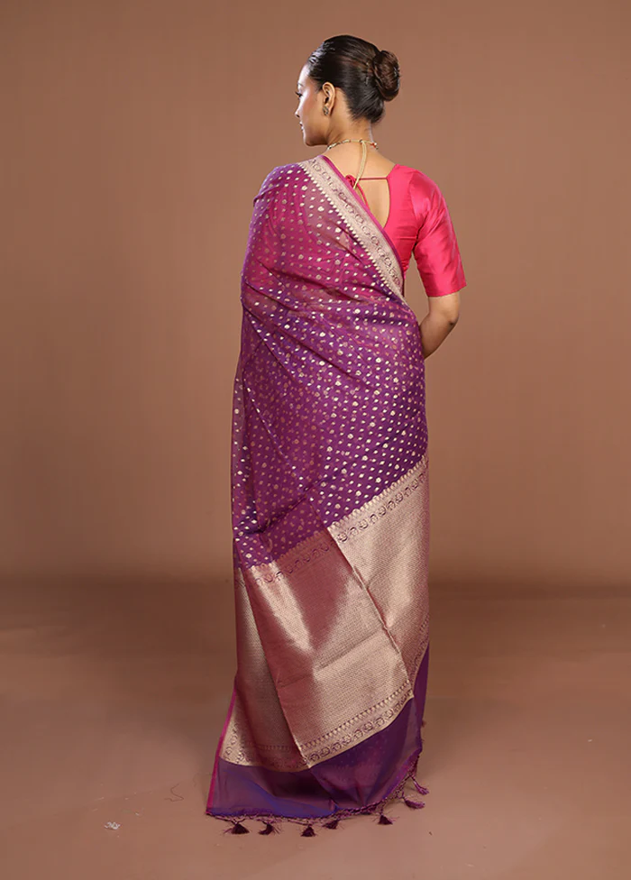 Purple Kora Silk Saree With Blouse Piece - Image 3