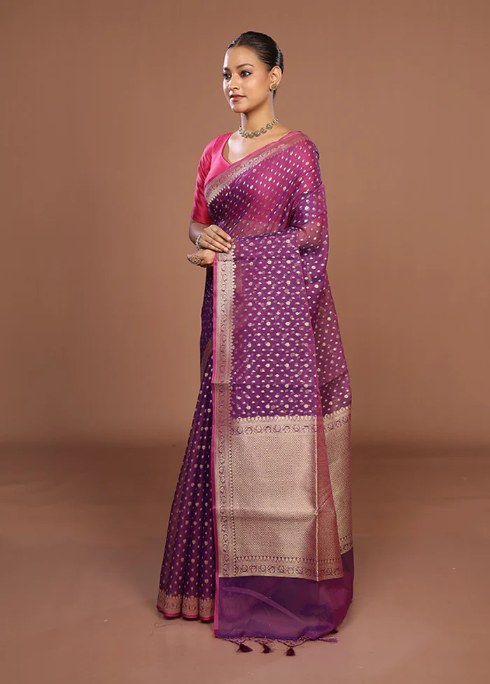Purple Kora Silk Saree With Blouse Piece - Image 4