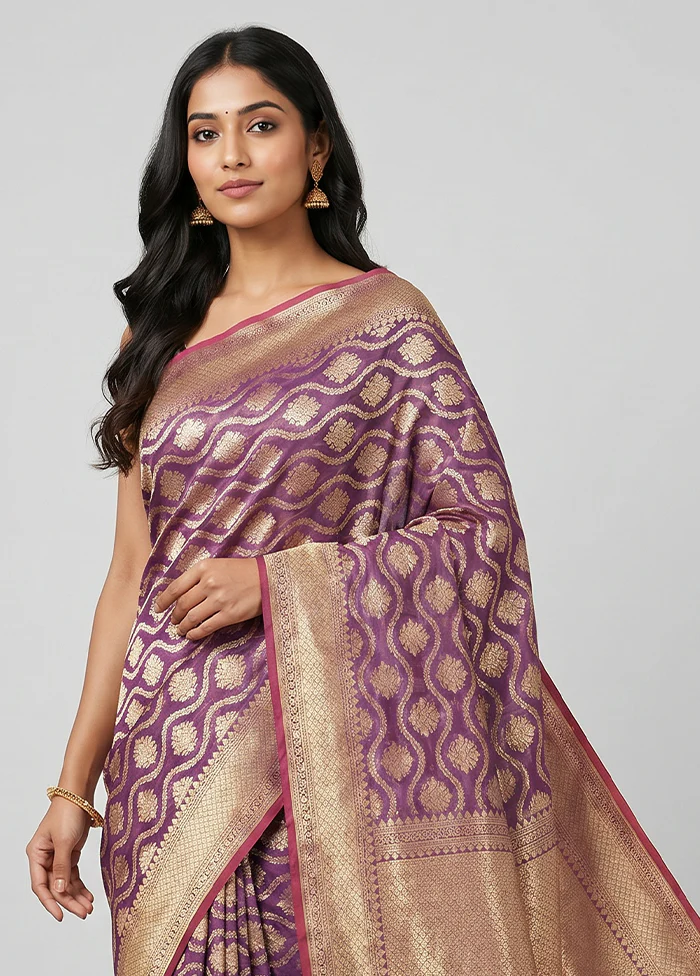 Purple Kora Silk Saree With Blouse Piece - Image 2