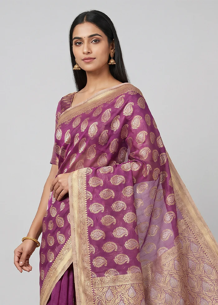 Purple Kora Silk Saree With Blouse Piece - Image 2