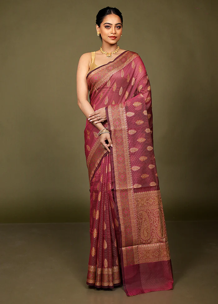 Purple Kota Cotton Saree With Blouse Piece - Image 2