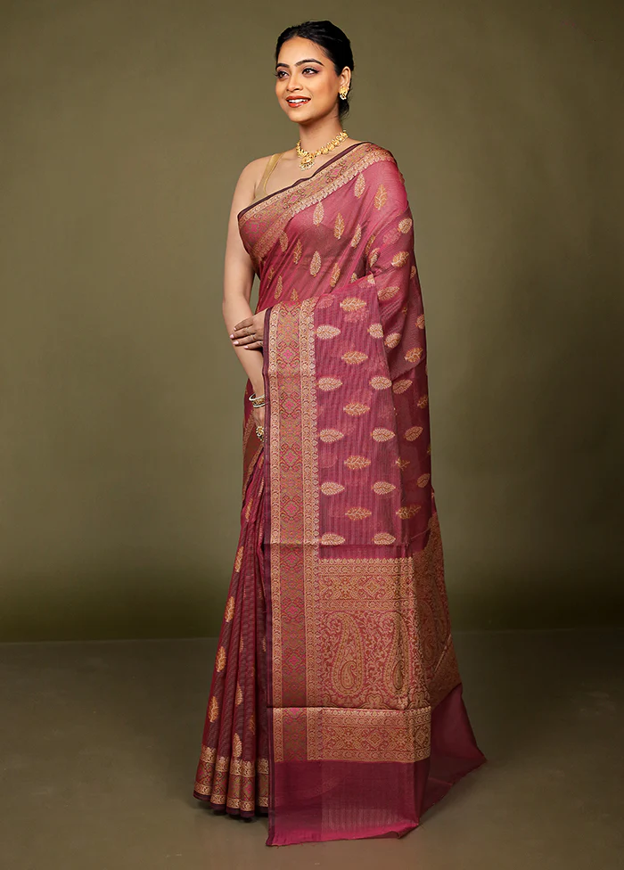 Purple Kota Cotton Saree With Blouse Piece - Image 4