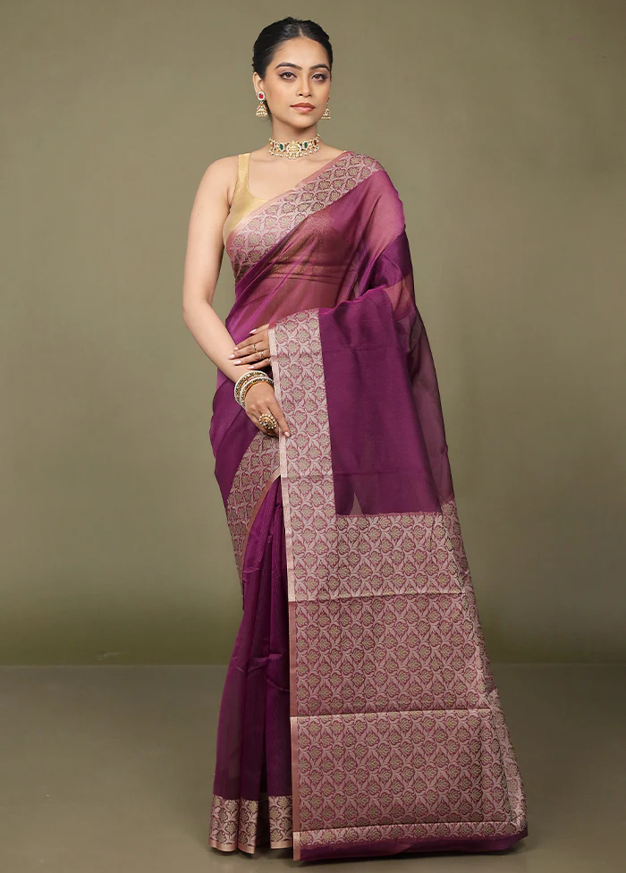 Purple Kota Cotton Saree With Blouse Piece - Image 2